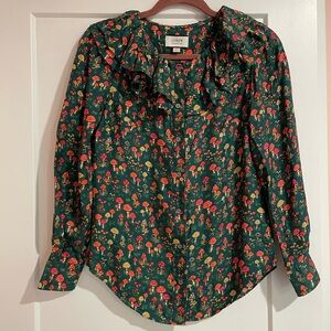 🍄 J Crew collection top silk mushroom print green XXS ruffle womens